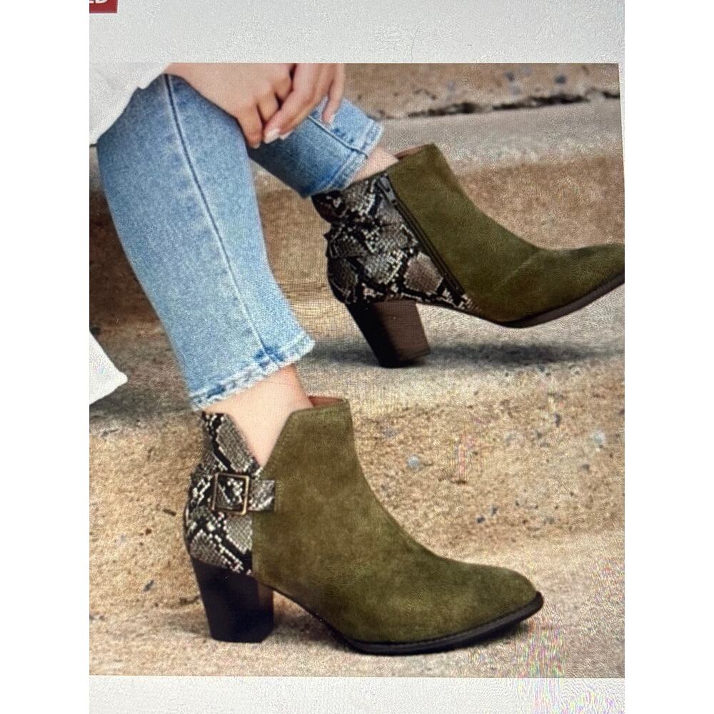 Vionic Naomi Olive Suede Ankle Boots with Faux Snakeskin, Size 8 - Picture 8 of 8